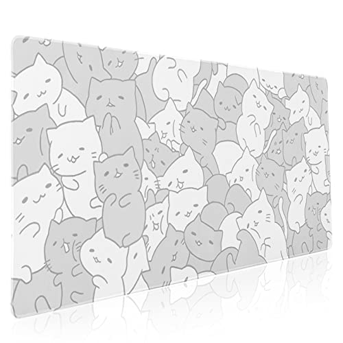 Kawaii Cats White Gaming Mouse Pad XXL Cute Kittens Japanese Extended Big Large Desk Mat Non-Slip Rubber Base Stitched Edge Long Keyboard Mousepad for PC Computer Laptop,35.4×15.7 Inches - White Cat - XX-Large
