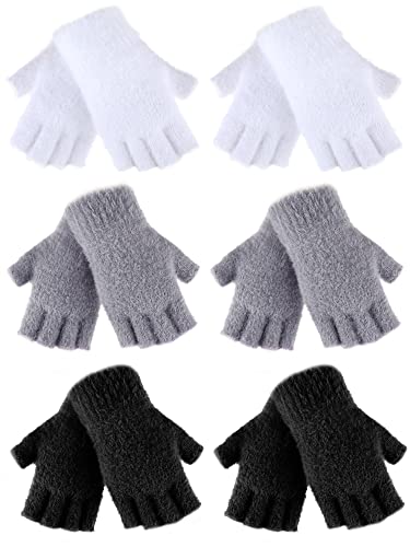 6 Pairs Fuzzy Winter Fingerless Gloves Half Finger Gloves Warm Stretchy Gloves with Finger Holes Women's Cold Weather Gloves - Black, White, Gray - Coral Fleece