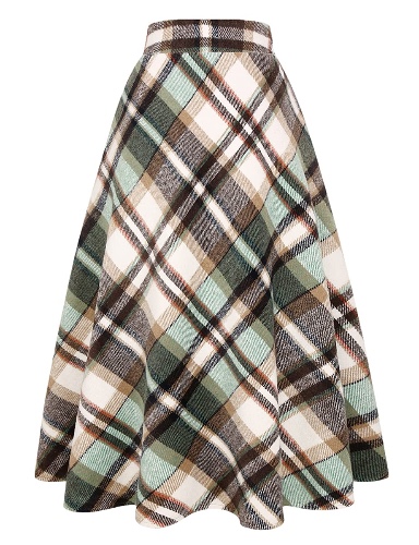 Long Plaid Wool Skirt for Women Winter Autumn Warm High Elastic Waist One Line Flared Pleated Wool Tartan Skirts