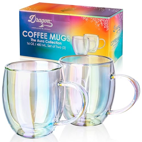 Dragon Glassware Double Walled Glass Coffee Mugs - 16 oz, Set of 2 Glass Coffee Cups to Keep Beverages Hot or Cold Longer - Iridescent Double Walled Glass Coffee Cups - Set of 2 - Iridescent