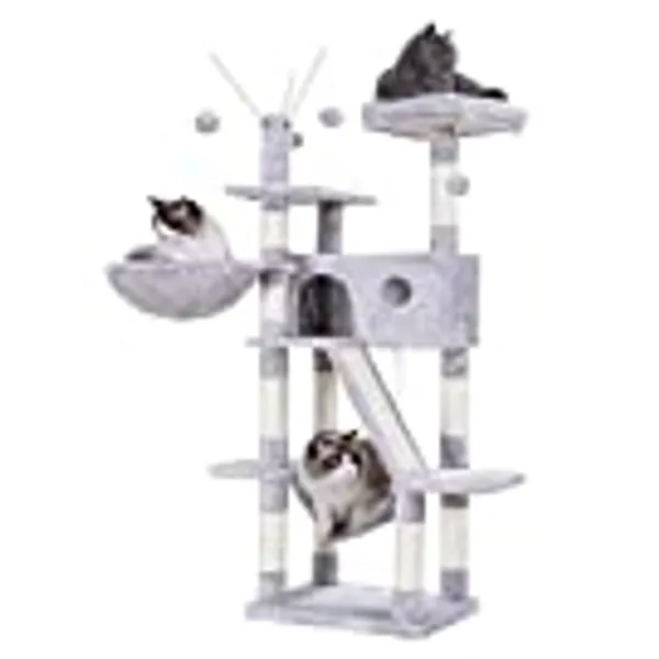 Hey-brother Cat Tree, 61 inch Cat Tower for Indoor Cats, Cat House with Padded Platform Bed, Toy Balls, Large Cozy Condo, Hammocks and Sisal Scratching Posts, Light Gray MPJ019W