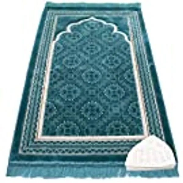 Modefa Turkish Islamic Prayer Rug - Soft Velvet Janamaz Praying Carpet - Comfortable Muslim Praying Mat for Men & Women - Ramadan or Eid Gift - with Kufi Prayer Cap - Elegant Swirl (Teal)