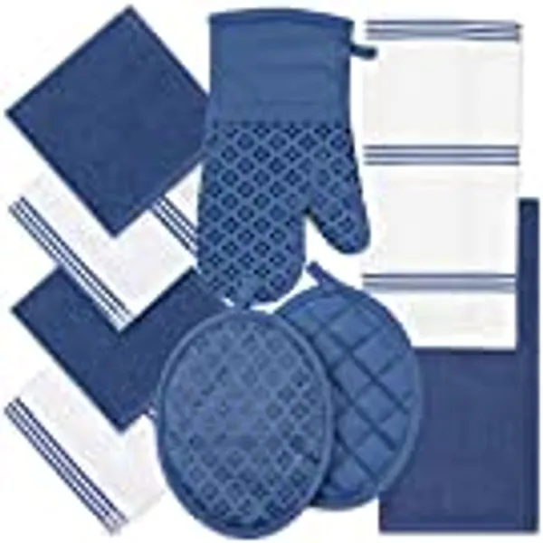 Sticky Toffee Oven Mitts and Pot Holders Set of 9 with Kitchen Towels and Dishcloths, Oeko-Tex Cotton Terry Kitchen Dish Towels & Dish Cloths, Non-Slip Silicone Oven Mitt Set, Dark Blue