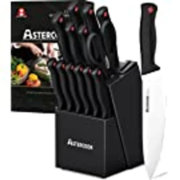 Astercook Knife Set with Built-in Sharpener Block, Dishwasher Safe Kitchen Knife Set with Block, 14 Pcs High Carbon Stainless Steel Block Knife Set with Self Sharpening and 6 Steak Knives, Black