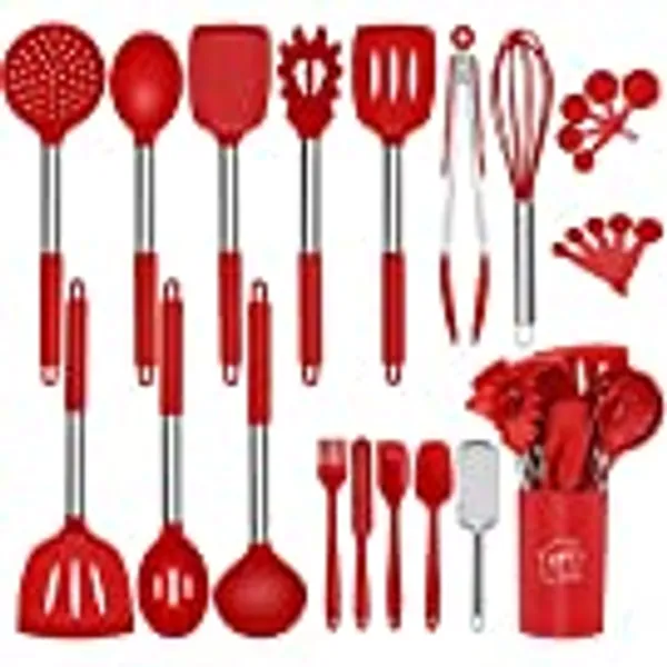 Silicone Cooking Utensil Set,Kitchen Utensils 26 Pcs Cooking Utensils Set,Non-stick Heat Resistant Silicone,Cookware with Stainless Steel Handle - Red