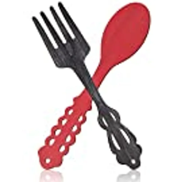 Jetec 2 Pieces Large Fork and Spoon Wall Decor Wooden Spoon Shaped Wall Sign Fork Shaped Hanging Sign Farmhouse Kitchen Wall Decors for Home Kitchen Dining Living Room Decor (Red, Heather Gray)