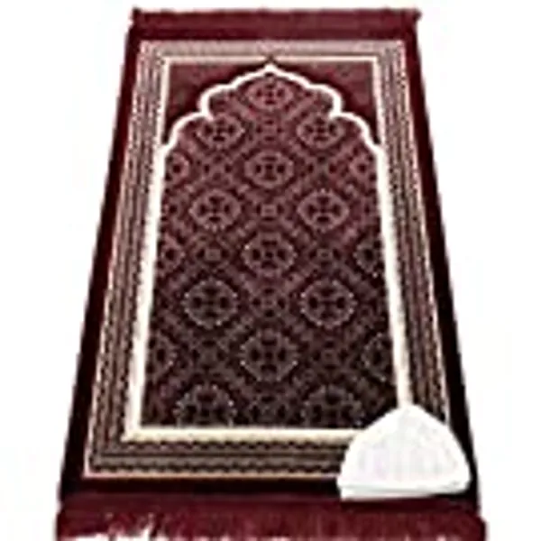 Modefa Turkish Islamic Prayer Rug - Soft Velvet Janamaz Praying Carpet - Comfortable Muslim Praying Mat for Men & Women - Ramadan or Eid Gift - with Kufi Prayer Cap - Elegant Swirl (Red)