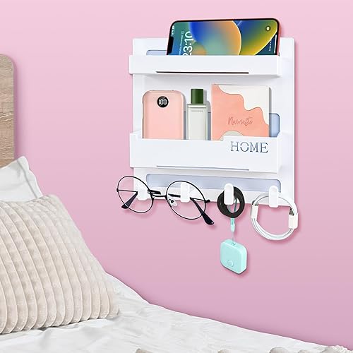 Floating Shelves for Bedside Shelf Accessories Organizer, Wall Mount Self Stick On, Cute Room Decor Aesthetic, Girls Room Decor, Cool Stuff For Bedroom Storage And Organization, Bedside Wall Organizer - 4 Hooks Design