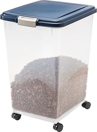 IRIS USA Airtight Dog Food Storage Container, Up to 54 lbs, Attachable Wheels, For Dog Cat Bird and Other Pet Food Storage Bin, Keep Fresh, Translucent Body, Easy Mobility, Navy - 54 lbs - Navy