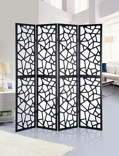 Roundhill Furniture Giyano 4 Panel Screen Room Divider, 70"W x 70"H, Black - Black