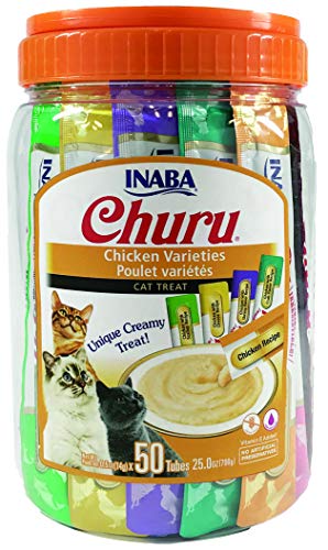INABA Churu Cat Treats, Grain-Free, Lickable, Squeezable Creamy Purée Cat Treat/Topper with Vitamin E & Taurine, 0.5 Ounces Each Tube, 50 Tubes, Chicken Variety - Chicken