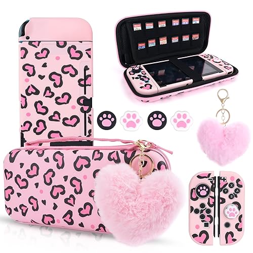 DLseego Pink Love Leopard Carrying Case for Switch, Cute Silicone Protective Case Soft Cover with 4PCS Thumb Grip Caps and Pink Plush Heart Pendant Hard Storage Case Accessories Kit Bundle for Girls - Pink