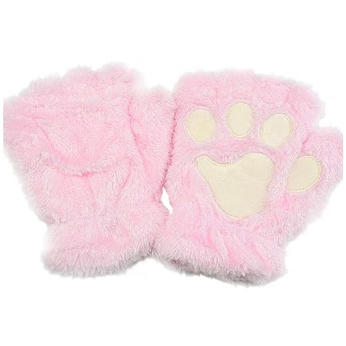 Cute Cat Paws Gloves Fingerless Gloves for Women Bear Plush Furry Paw Cosplay Costume Winter Warm Mittens Accessories - Pink