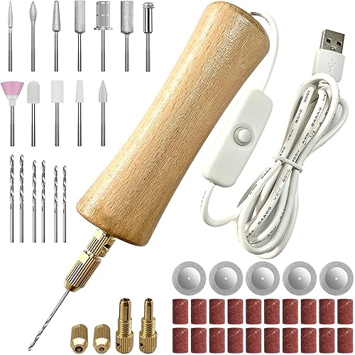 XIZED Electric Resin Jewelry Drill Set,50Pcs Wooden Body Hand Drill Resin Supplies,Multi-Purpose Power Rotary Tool for Drilling,Sanding,Polishing,Cutting,Engraving,Jewelry Making,DIY Resin Crafts