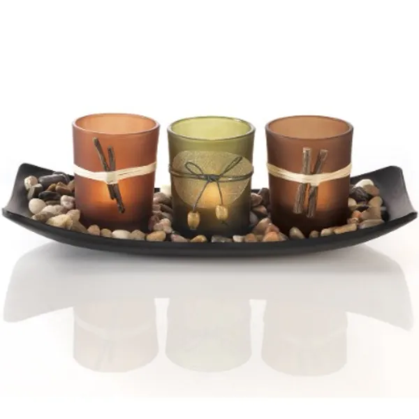 Natural Candlescape Set, 3 Decorative Candle Holders, Rocks and Tray