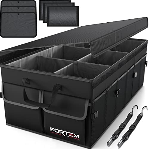 FORTEM Car Trunk Organizer, SUV Storage Organizer, Collapsible Multi Compartment, Non Slip Bottom, Adjustable Securing Straps, Foldable Cover (Black, X-Large) - Extra Large - Black