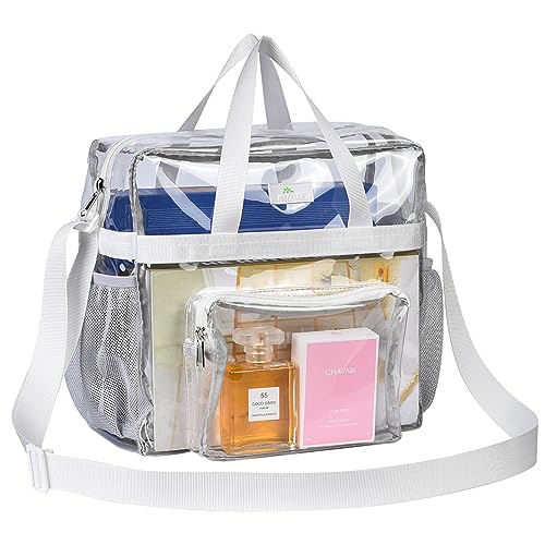 MAY TREE Clear Bag for Stadium Events 12×6×12 Clear Tote Lunch Bag with Reinforced Straps for Work and Sporting Events - White