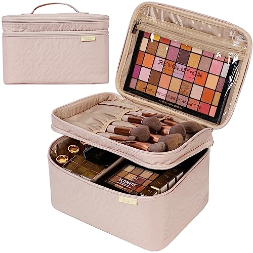 NISHEL Double Layer Travel Makeup Bag Women, Large Cosmetic Case, Organizer for Travel-Size Accessories Bottles, Brushes, Conditioner, and Skin Care Products, Pink - A-Pink(Tall Design)