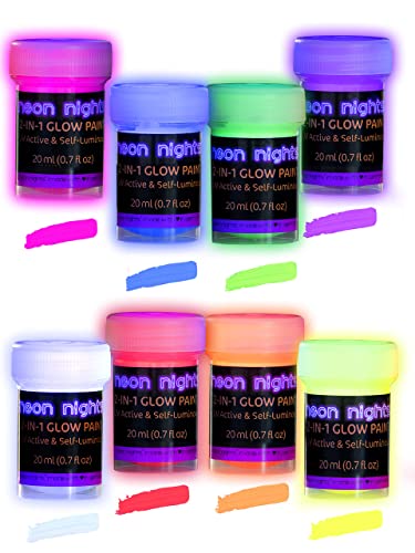 Neon Nights Glow in the Dark Paint - Pack of 8 Multi-Surface UV Paint Set - 2-in-1 Acrylic Paints, UV & Blacklight Activated, Self Luminous, 20mL - Perfect for Halloween and Holiday Décor, Easter Egg Painting Decoration - 2-in-1 Glow Paint (UV/Blacklight Activated and Glow-in-the-Dark)