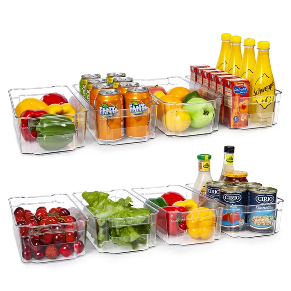 HOOJO Refrigerator Organizer Bins - 8pcs Clear Plastic Bins For Fridge, Freezer, Kitchen Cabinet, Pantry Organization and Storage, BPA Free Fridge Organizer, 12.5" Long - 8 12.5" L x 6.3" W x 3.5" H