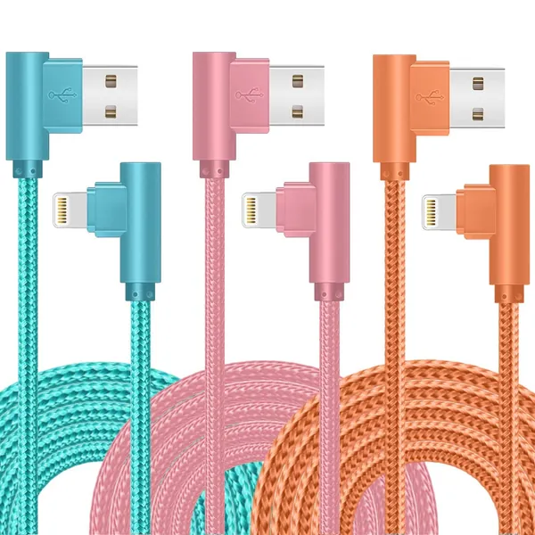 iPhone Charger, 3 Packs 10FT 90 Degree Charging Cable MFi Certified USB Lightning Cable Nylon Braided Fast Charging Cord Compatible for iPhone 14/13/12/11/X/Max/8/7/6/6S/5/5S/SE/Plus/iPad (10FT) - 10FT