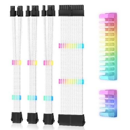 EZDIY-FAB Weißes Soft PSU Extension Kit 300mm mit ARGB Kabelkämmen-24 PIN 6+2PIN 4+4PIN für Kabelmanagement mit RF Kontrolle