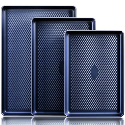 HONGBAKE Baking Sheet Pan Set, Cookie Sheets for Oven, Nonstick Half/Quarter/Jelly Roll Pans with Diamond Texture Pattern, Heavy Duty Cookie Tray, Dark Blue - Sapphire Blue