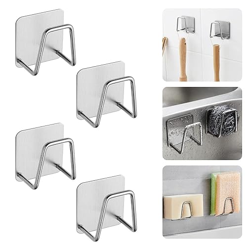 THATSRAD 4 Pezzi Portaspugna Autoadesivo da Cucina Porta Spugne Lavello Ganci in Acciaio Inox Impermeabile Senza Foratura per Bagno - Argento