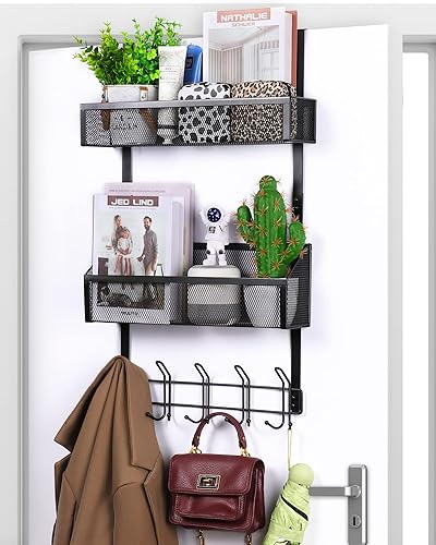 ENONCI Appendiabiti sopra la porta 15 ganci appendiabiti per ripiano con 2 cestelli in rete, ganci per porta per appendere cappott, Cesto in filo Nero per organizer per la casa - 2 Cesto-Filo - Nero
