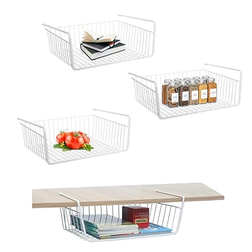 Sotto Scaffale Cestino Di Immagazzinaggio WEERSTONE Sotto Scaffale Appeso Filo di Metallo Organizzatore Cesto di Immagazzinaggio Rimovibile per Cucina, Armadi, Bagno, Ufficio (4 Pack Bianco) - Confezione Da 4, Bianco
