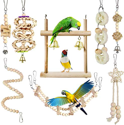 CAMITER 8 Packs Bird Toys Parrots Cage Toys Natural Wood Hanging Swing Shredding Chewing Perches Parrot Toy Parrot Bite Toy for Budgie Parakeet Cockatiel Macaw - 8 Packs