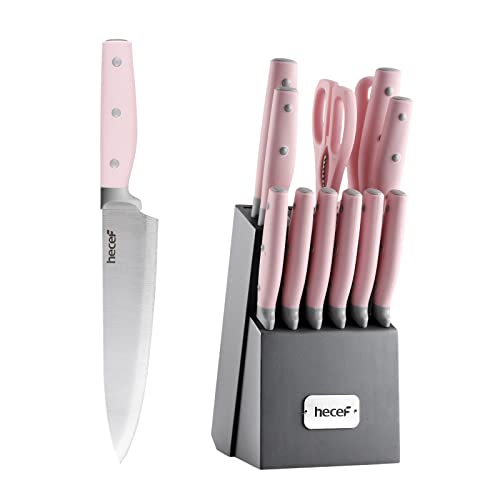 hecef 14 PCS Knife Block Set with Sharpener, Pink Kitchen Accessories Kitchen Knives for Chopping, Slicing, Dicing Cutting - Pink