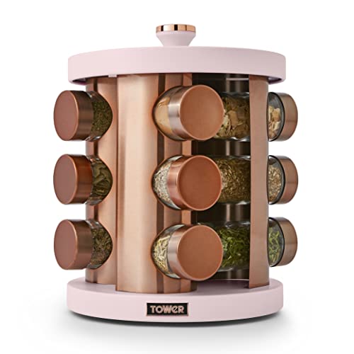 Tower T826022PNK Cavaletto 12 Jar Rotating Spice Rack with Pre-Filled Spices, Marshmallow Pink and Rose Gold - Marshmallow Pink