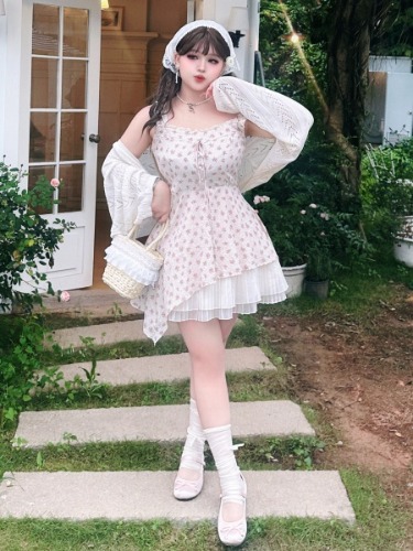 [$49.00]Plus Size Light Apricot Floral Print High Waist Summer Dress