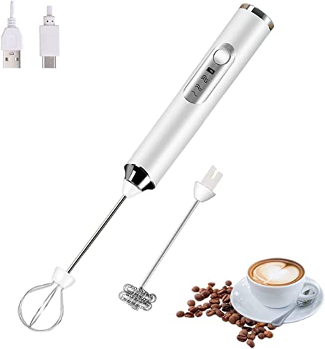 FIOUSY Handheld Electric Milk Frother with 2 Heads, Coffee Whisk Foam Mixer with USB Rechargeable 3 Speeds, Foam Maker Blender for Latte, Cappuccino, Hot Chocolate, Egg (White) - White