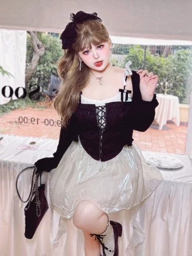 [$32.86]Plus Size Rhinestoned Bowknots Black Lace-up Top