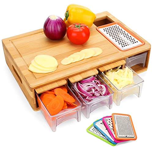 BRITOR Chopping Board with Containers, Large Bamboo, Carving & Cutting Board with Juice Grooves, Easy-Grip Handles & Food Sliding Opening, with Trays for Food Storage, Transport and Cleanup