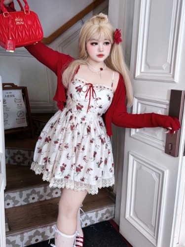 [$49.00]Plus Size White and Red Rosette Print Sweet Basque Waist Dress