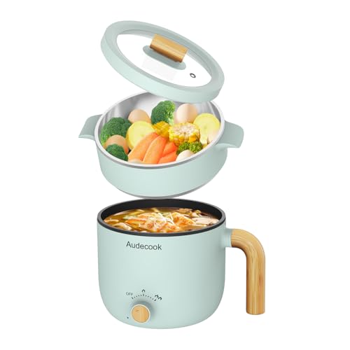 Audecook Electric Hot Pot with Steamer, 1.5L Rapid Noodles Cooker, Portable Nonstick Mini Multicooker, Electric Skillet with Dual Power Control for Ramen/Pasta/Egg/Soup/Oatmeal (Green) - 1.5L(with steamer) - Green