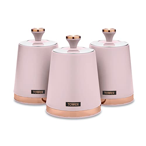 Tower T826131PNK Cavaletto Set of 3 Storage Canisters for Tea/Coffee/Sugar, Steel, Marshmallow Pink and Rose Gold, One Size - Marshmellow Pink - Storage Canisters