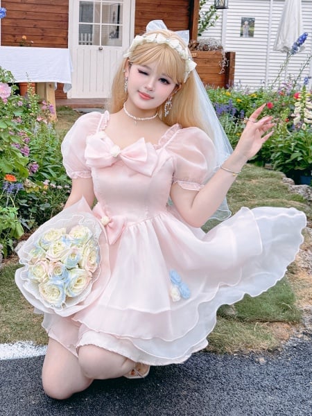 [$64.50]Plus Size Bowknot Details Light Pink Puff Sleeves Princess Dress Short Version