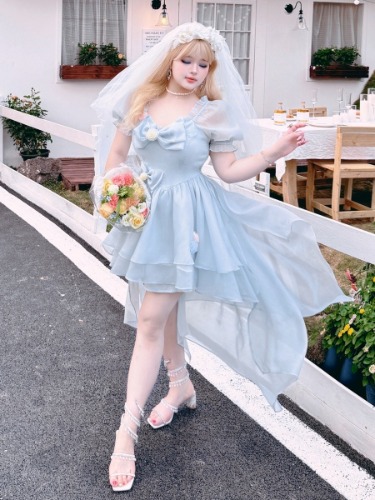 [$64.50]Plus Size Bowknot Details Light Blue Puff Sleeves Princess Dress Short Version