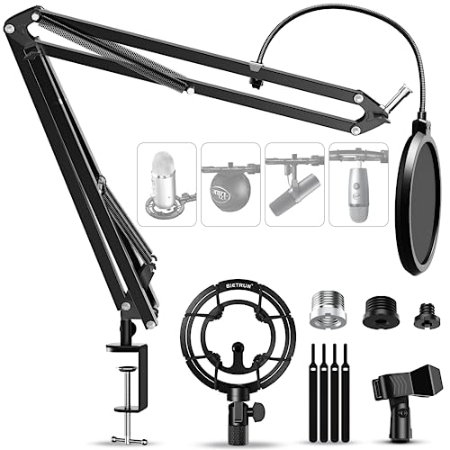 Upgrade Mic Stand Boom Arm with Shock Mount[Zinc Alloy] and Pop Filter for Blue Yeti/Hyperx Quadcast/Snowball/AT2020/Shure SM7B/MV7,Bietrun 360°Adjustable Scissor Boom Arm with 3 Adapter,Tall Clamp - MicStand with ShockMount