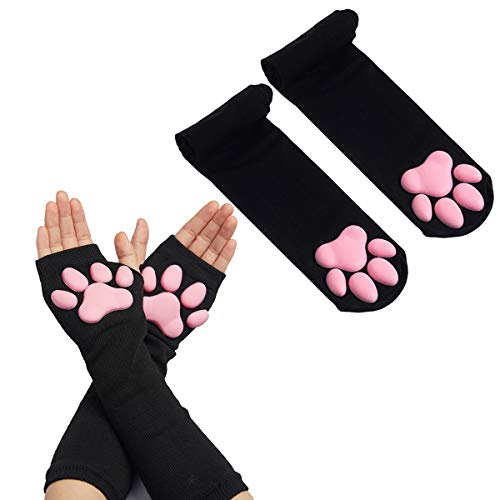 Cat Paw Thigh High Socks Golves, Cute Soft 3D Toe Beans Socks Mittens Kitten Claw Pad Socks for Girl Women Lolita Cosplay Set - One Size - Black Socks and Long Gloves