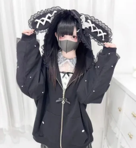 Rabbit Ear Hooded Bow Pearl Jirai Kei