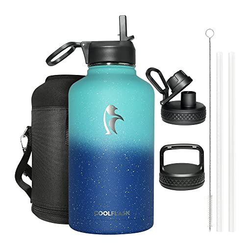 Water Bottle Half Gallon Insulated 64 oz with Straw&3 Lids, Coolflask Galaxy Large Metal Reusable Stainless Steel Vacuum Water Flask Jug Thermo for Gym, Sports and Travel, Glacier Blue - 64 oz - Glacier Blue