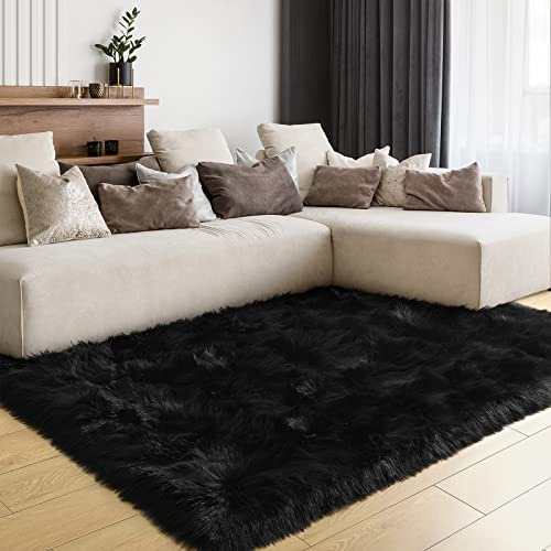 LOCHAS Ultra Soft Fluffy Rugs Faux Fur Sheepskin Area Rug for Bedroom Bedside Living Room Carpet Nursery Washable Floor Mat, 3x5 Feet Black - 3 x 5 Feet - Black