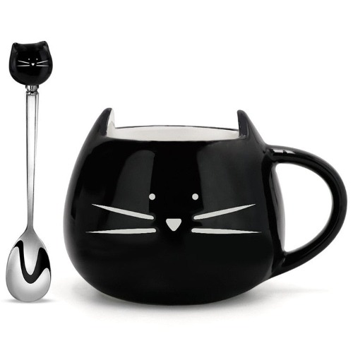 Adorable Ceramic Kitty Mug with Spoon - Black / 400ml
