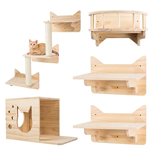 MIUZMORE Pine Cat Wall Frame Climbing Frame Set of 5 Cat Wall Furniture, Cat Shelves and Perches for Walls, Sisal Post Ladder, Cat Steps and Cat Travel Platform - tour station