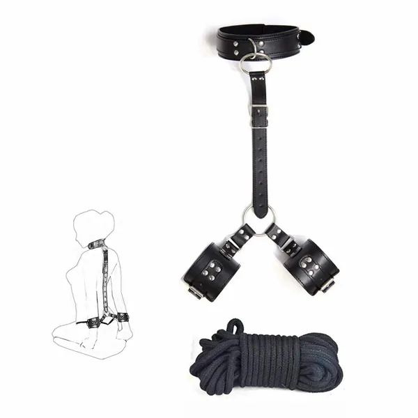 Neck to Wrist Restraint Bondage Set Sex Toys BDSM Restraints Kit Rope for Couples Adults SM Play Games - Black